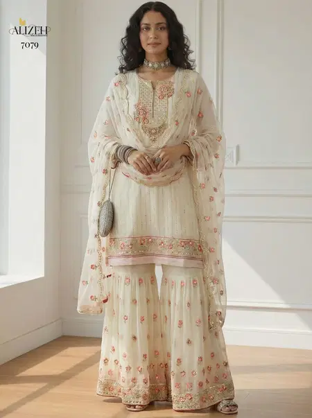 7079 By Alizeh Georgette Embroidery Sharara Suits Wholesale Price In Surat
